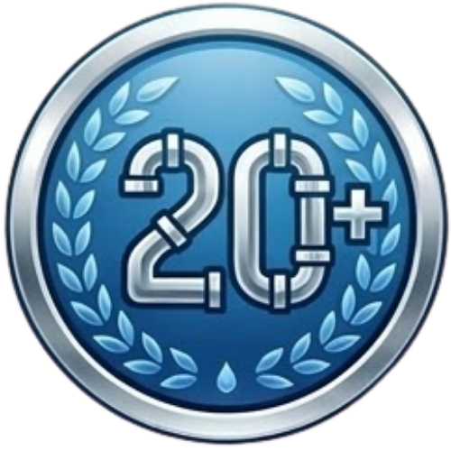 A blue circular badge with the number 20+ styled as pipes and laurel detailing, promoting expert Fix Leaking Showers services.