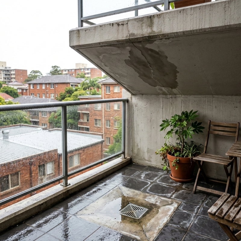 Balcony leak warning signs in Sydney including efflorescence, ponding near a drain, and damp staining underneath.