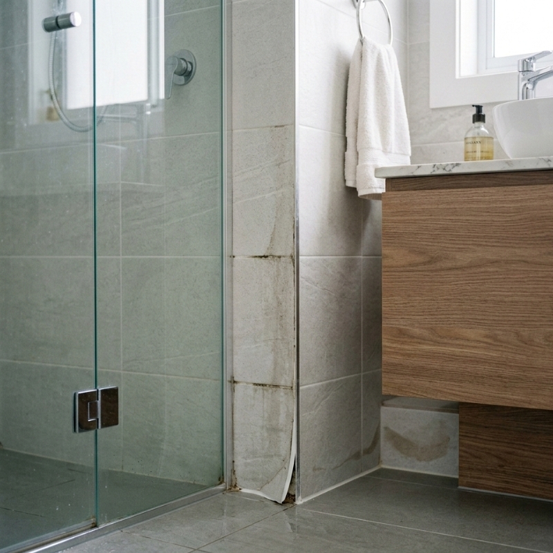 Early signs of hidden bathroom water damage in a Sydney home, including dark grout and lifting silicone near a shower corner