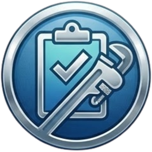 A blue circular badge showing a clipboard with a tick and a wrench, representing professional Fix Leaking Showers services.