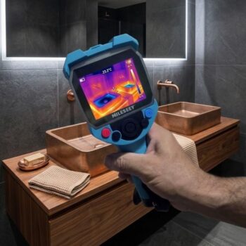Thermal camera used for shower leak detection above a double vanity in tiled bathroom