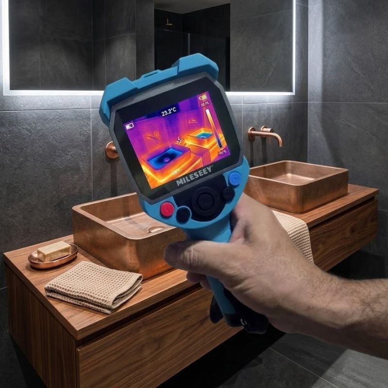 Thermal camera used for shower leak detection above a double vanity in tiled bathroom