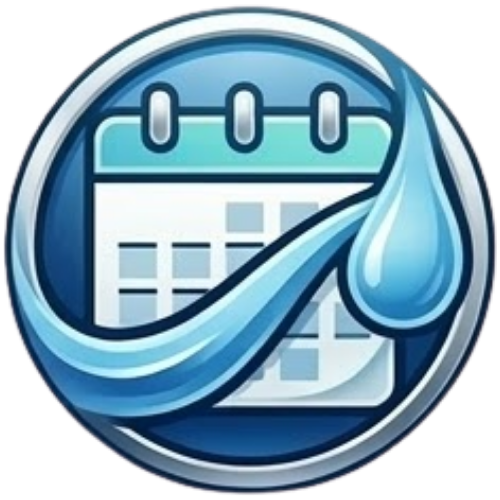 A blue circular badge showing a calendar with a water droplet, symbolising scheduled service to Fix Leaking Showers.