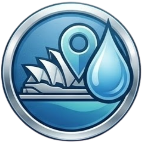 A blue circular badge featuring the Sydney Opera House, a location pin and a water droplet, representing Fix Leaking Showers services in Sydney.