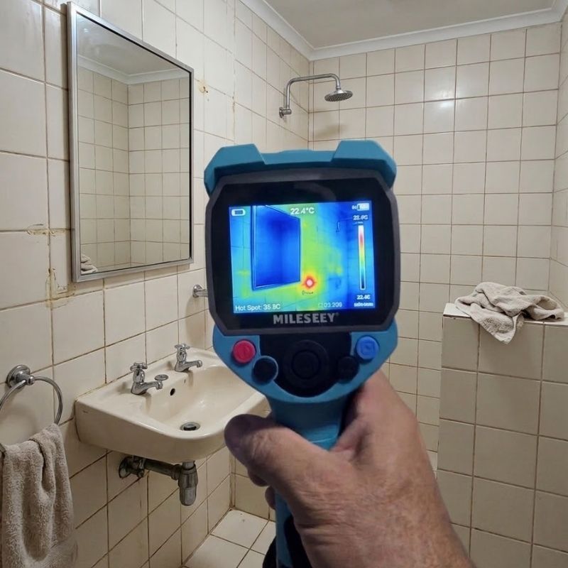 Thermal camera inspecting bathroom wall for shower leak detection near basin