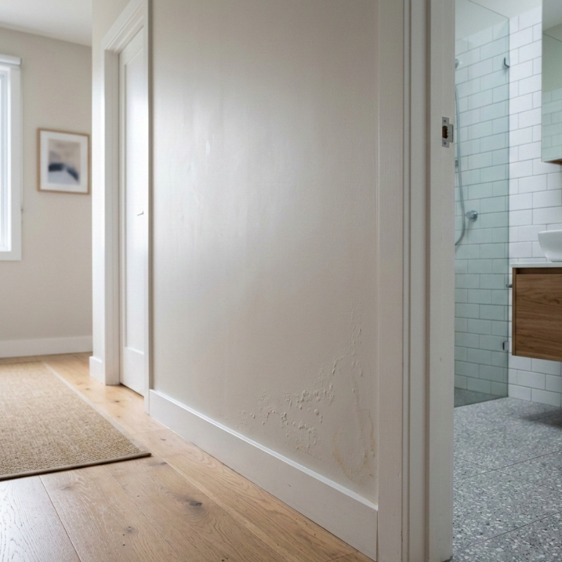 Bubbling paint and a damp patch on a wall outside a bathroom in a Sydney home, suggesting water leaking through the bathroom wall.